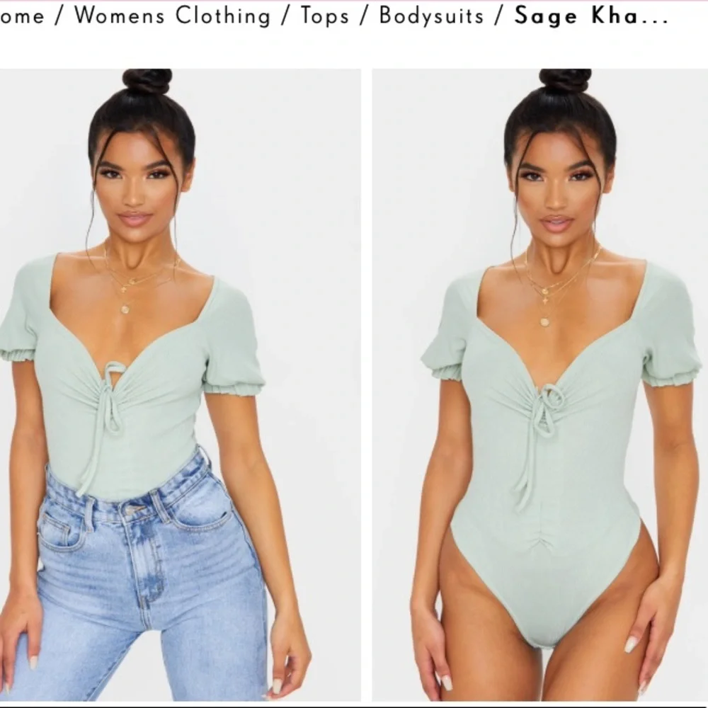 PrettyLittleThing Sage Khaki Rib Ruched Front Short Sleeve Bodysuit - Picture 2 of 2